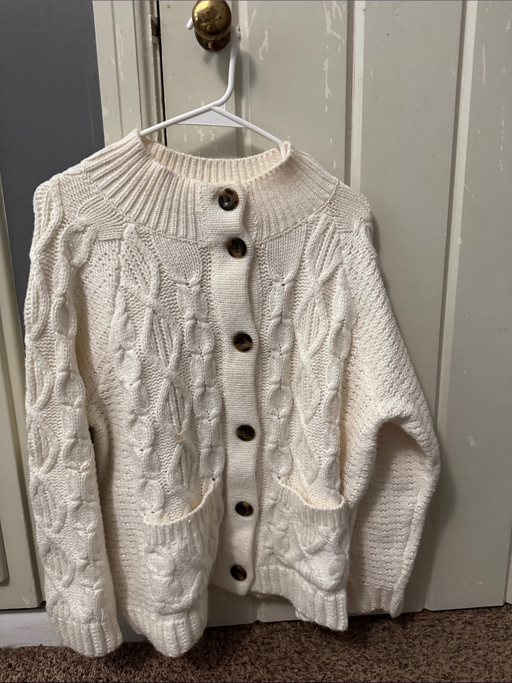 Talbots Cream Cable-Knit Button Cardigan with Tortoise Buttons